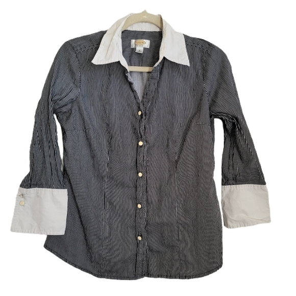 Talbots Tops - Talbots Top M Medium Stripe Button Up Black 3/4 Sleeve